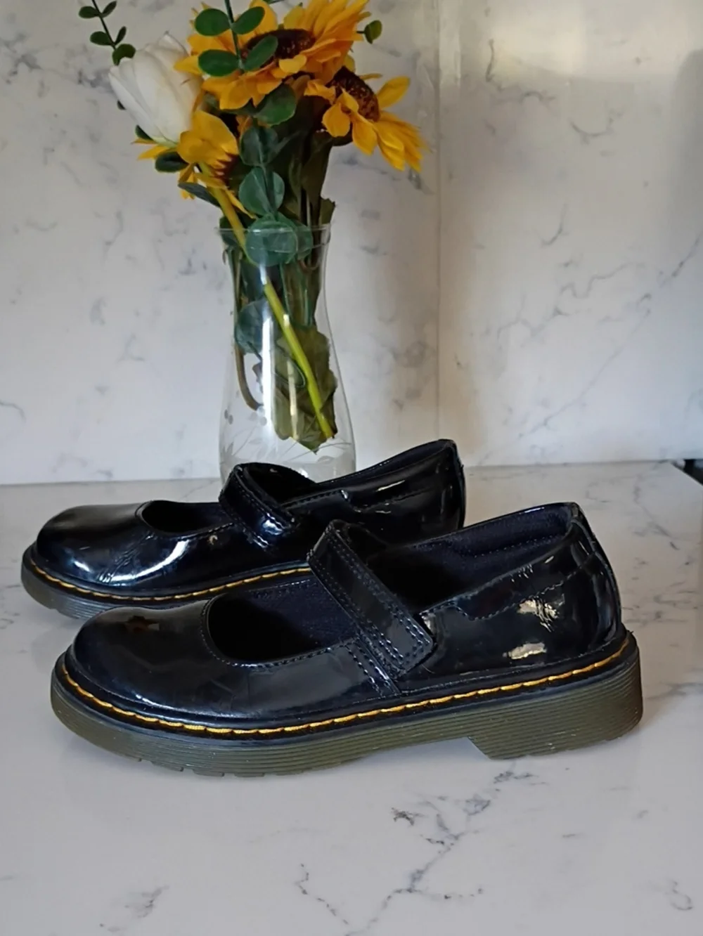 Dr. Martens Girls Black Patent Mary Jane Shoes with Yellow Stitching